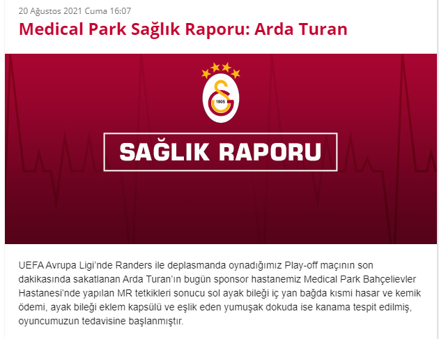 Galatasaray'dan sakatlık geçiren Arda Turan'la ilgili açıklama - Resim: 0