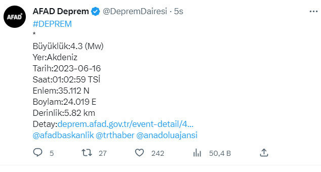 Akdeniz'de 4,3 büyüklüğünde deprem  oldu! AFAD'dan açıklama var - Resim: 0