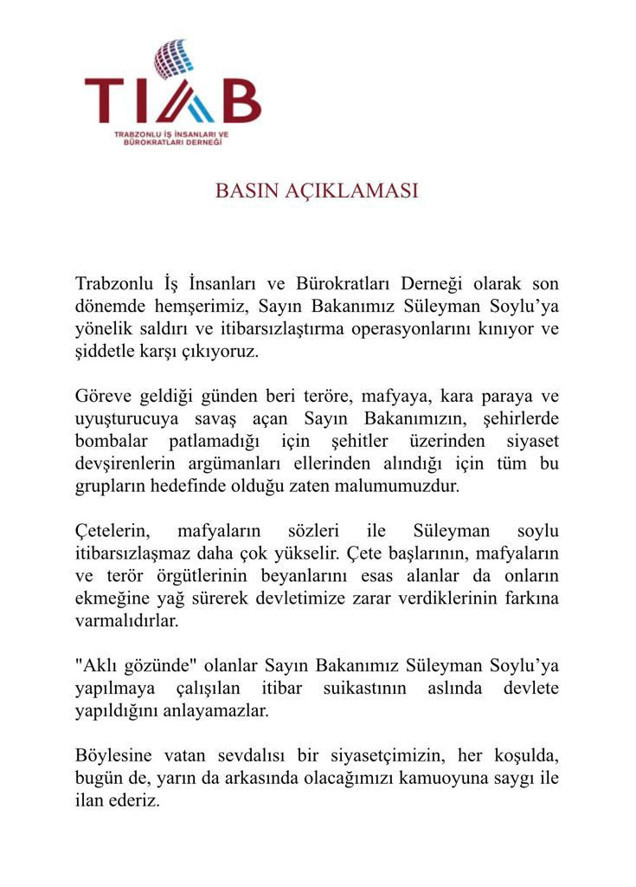 Trabzonlu İş İnsanları ve Bürokratları Derneği'nden Süleyman Soylu'ya destek - Resim: 0