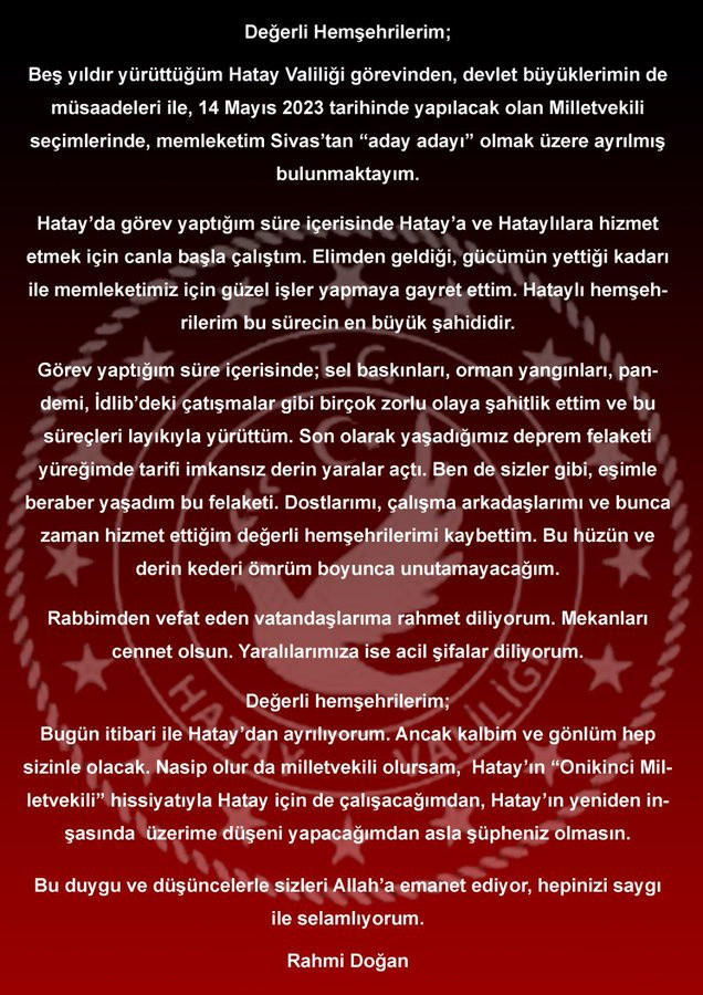 Hatay Valisi Rahmi Doğan istifa etti! Sivas'tan milletvekili adayı oluyor - Resim: 0