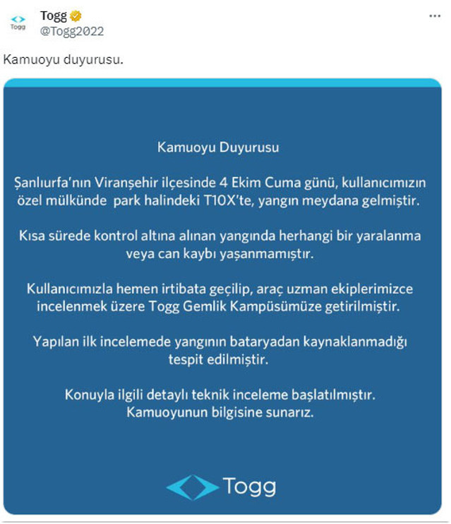 Togg'dan Şanlıurfa'da yanan T10X'le ilgili açıklama - Resim: 0