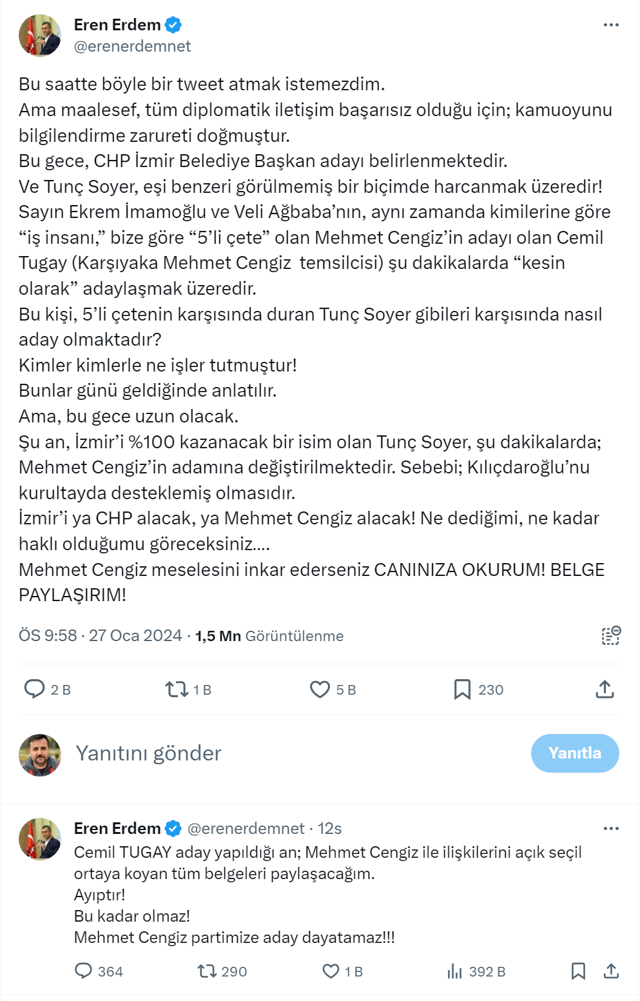 "CHP İzmir'de Tunç Soyer'in karşısına Mehmet Cengiz'in adamını aday yapıyor!" Eren Erdem: Canınıza okurum... - Resim: 0
