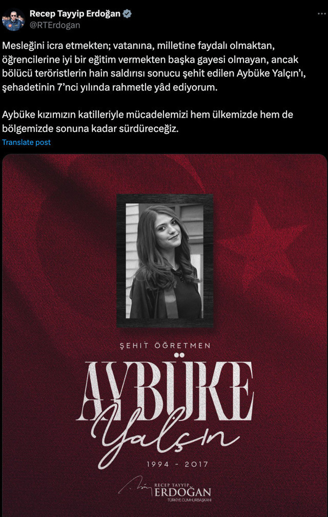 Cumhurbaşkanı Erdoğan, şehit öğretmen Aybüke Yalçın'ı andı - Resim: 0