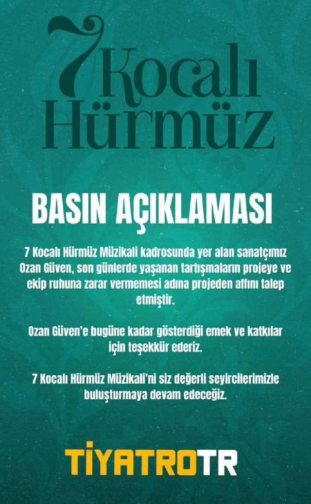 Çağla Şıkel paylaşmış tepki yağmıştı: Ozan Güven '7 Kocalı Hürmüz' müzikalinin kadrosundan ayrıldı - Resim: 0
