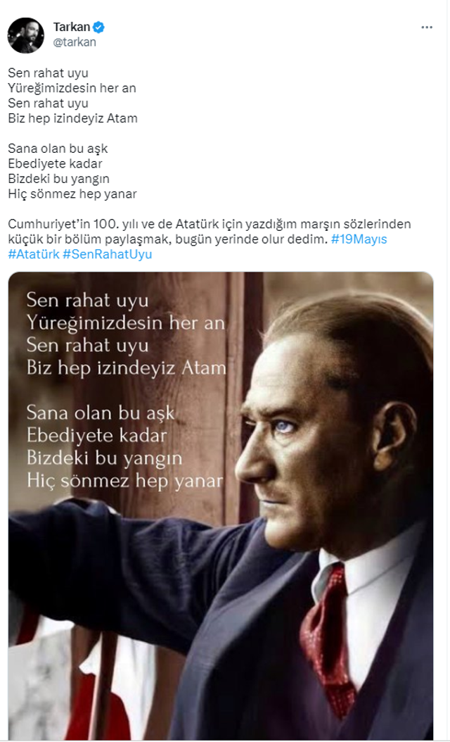 Tarkan, Cumhuriyet'in 100 yılı ve Atatürk için yazdığı marştan bir bölüm paylaştı - Resim: 0