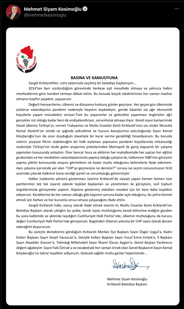 CHP'ye flaş transfer! Kırklareli Belediye Başkanı Mehmet Siyam Kesimoğlu CHP'ye geri döndü - Resim: 0