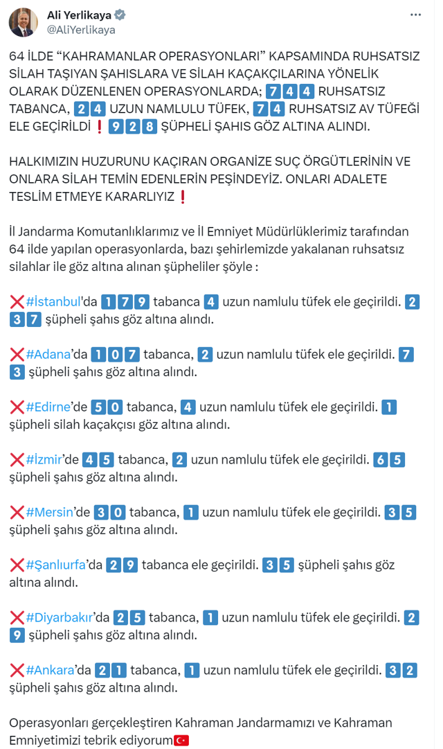 İçişleri Bakanı Ali Yerlikaya: Kahramanlar Operasyonu'nda 928 kişi gözaltına alındı - Resim: 0