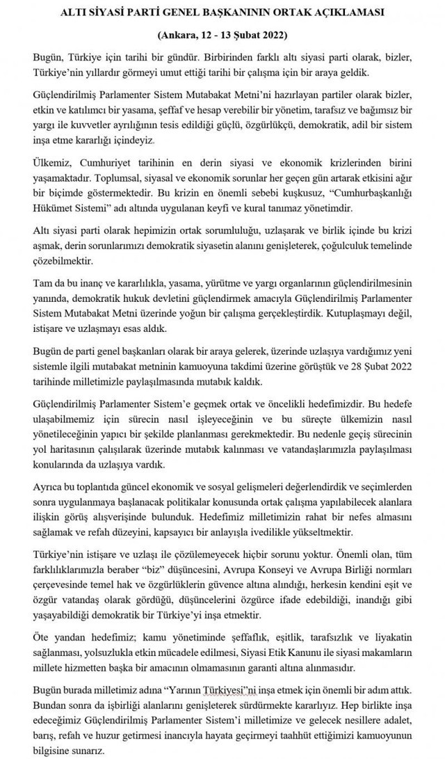 Millet ittifakı ve diğer muhalefet partilerinin genel başkanları bir araya geldi - Resim: 1