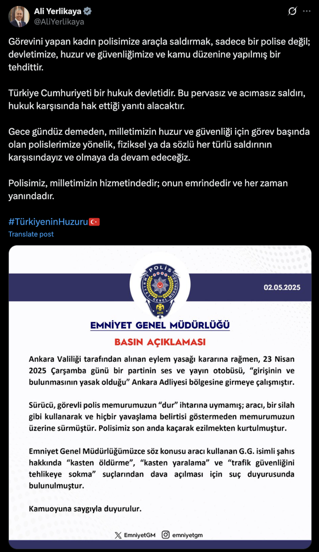 Bakan Ali Yerlikaya'dan otobüsü polisin üzerine süren CHP'nin otobüs şoförüne tepki - Resim: 0