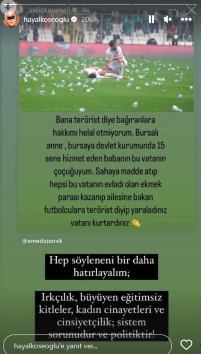 Hayal Köseoğlu'ndan dikkat çeken paylaşım: Amedsporlu futbolcunun sözlerini paylaşarak isyan etti! - Resim: 0