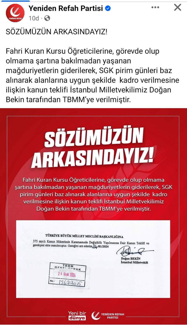 Yeniden Refah Partisi'nden Fahri (geçici) Kur'an Kursu öğreticilerine kadro için kanun teklifi - Resim: 0