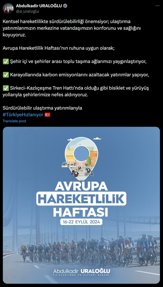 Bakan Uraloğlu'ndan "Avrupa Hareketlilik Haftası" mesajı - Resim: 0