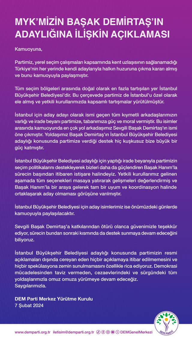 DEM Parti'den Başak Demirtaş'ın kararı sonrası İstanbul adayı açıklaması - Resim: 0