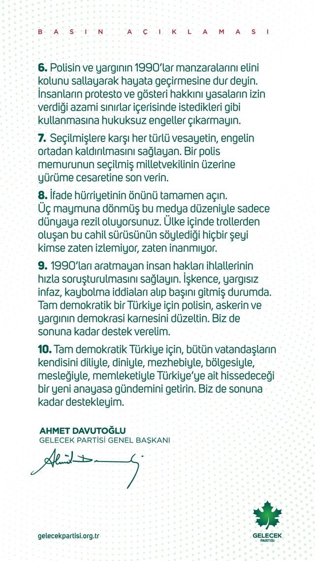Gelecek Partisi lideri Ahmet Davutoğlu Erdoğan'a destek için 10 şart açıkladı - Resim: 1