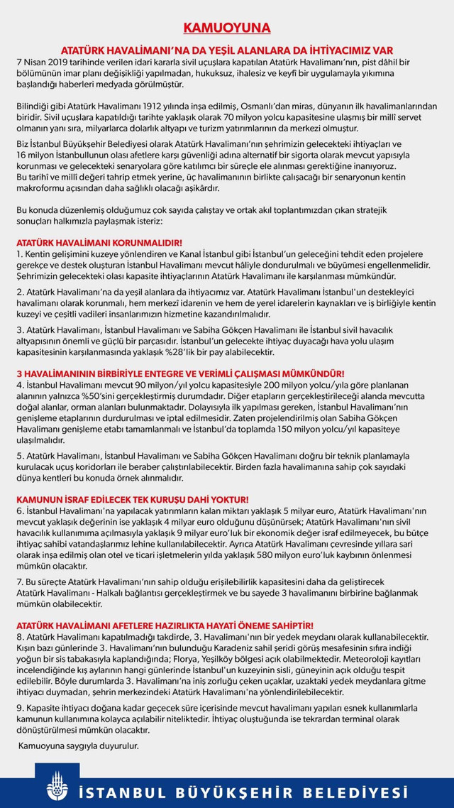 İBB'den Atatürk Havalimanı tartışmasına 9 maddelik cevap: İkisinden de vazgeçmeyiz - Resim: 0