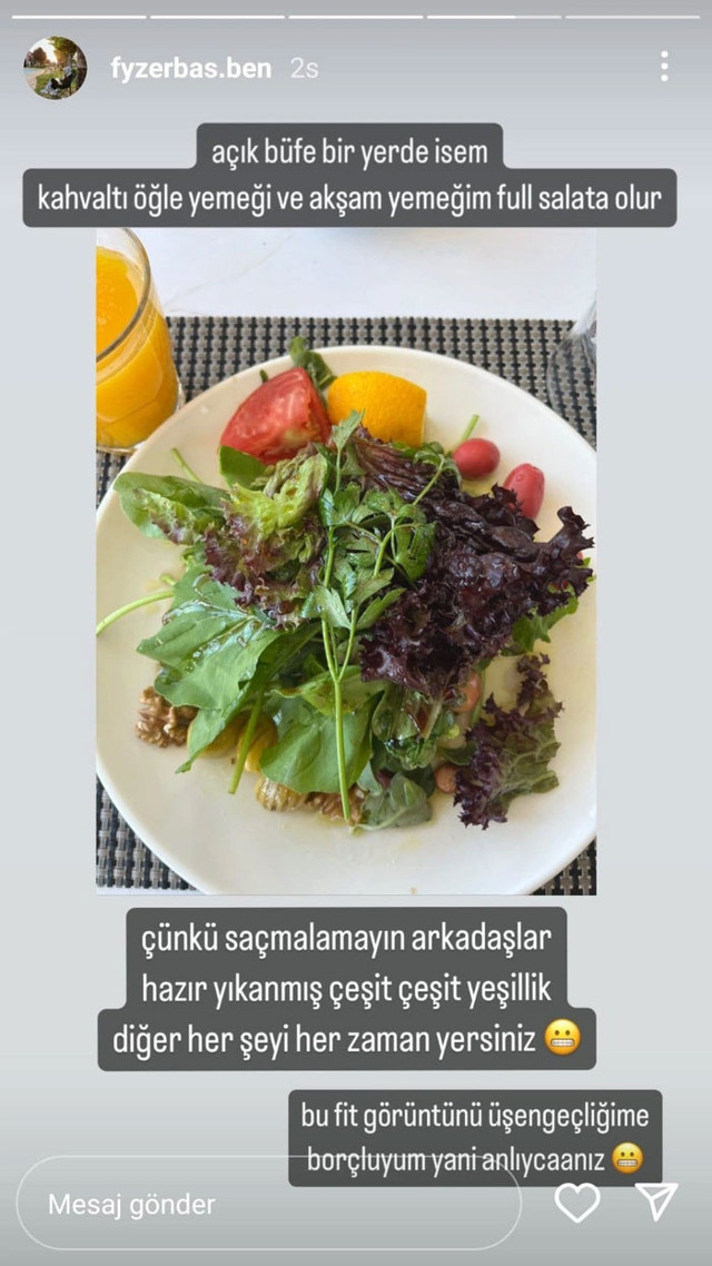 Eli Erbaş'ın kızı Feyza Erbaş'tan yeni tatil paylaşımı! Açık büfede sebze yiyin diğerlerini her zaman yersiniz! - Resim: 1