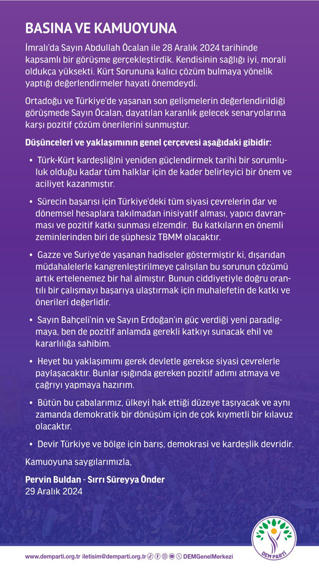 DEM Parti'den İmralı açıklaması! Öcalan'ın ifadelerine yer verildi: Hazırım - Resim: 0