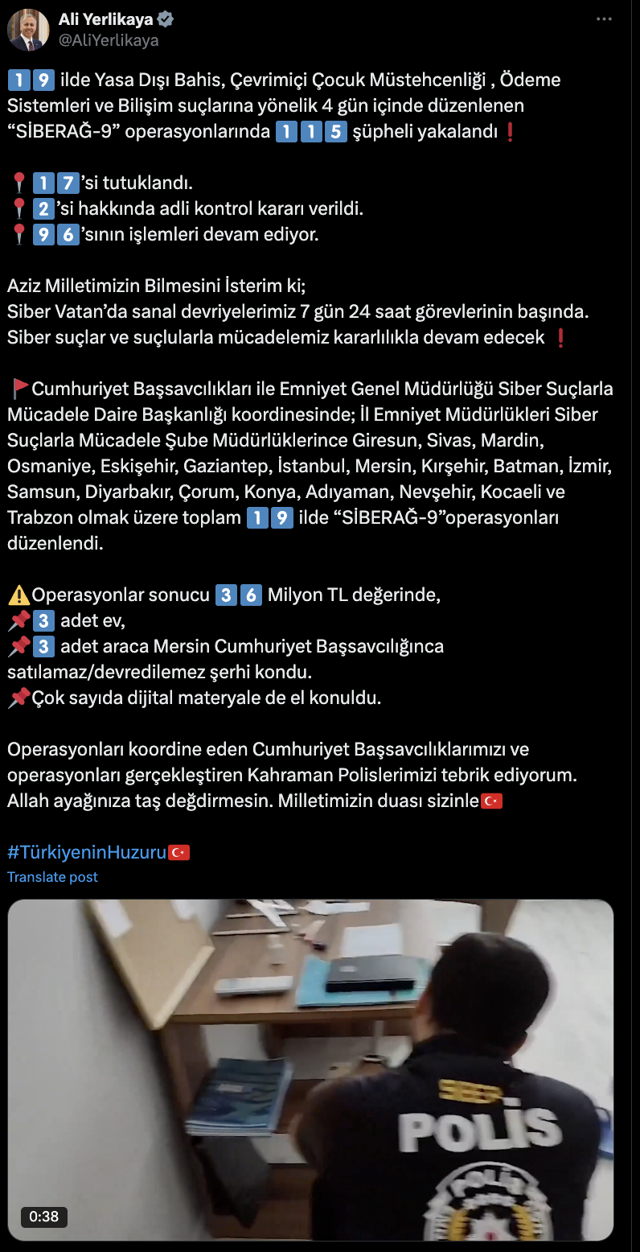 Bakan Yerlikaya duyurdu: "Siberağ-9" operasyonlarında 115 şüpheli yakalandı - Resim: 0