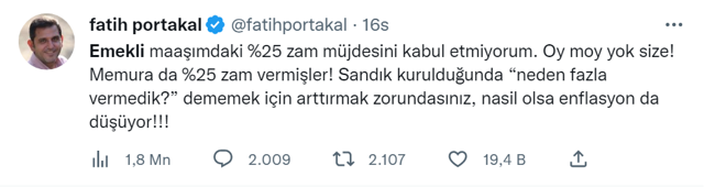 Fatih Portakal emekli maaşına gelen yüzde 25 zamma isyan etti! Size oy moy yok! - Resim: 0
