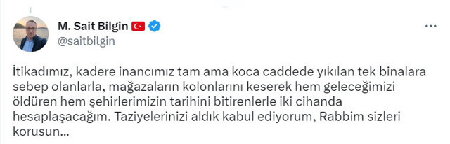 Hadi Özışık'tan Sait Bilgin'e taziye mesajı: "Acını paylaşıyor ve başsağlığı diliyoruz" - Resim: 1