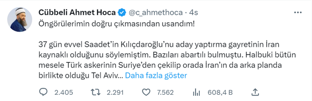 Cübbeli Ahmet Hoca 'Haklı çıkmaktan usandım' dedi! Saadet Partisi'ni desteklemek İslam dini için tehlikeli... - Resim: 0