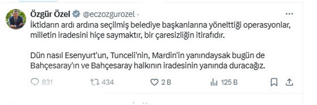 CHP lideri Özgür Özel'den Bahçesaray'a kayyum atanmasına tepki - Resim: 0