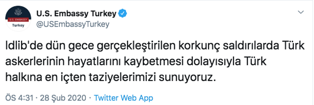 İdlib'deki 33 şehit için ABD Büyükelçiliği twit attı : Korkunç saldırı - Resim: 0