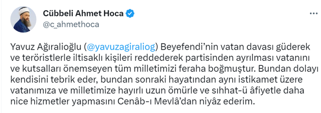 Cübbeli Ahmet Hoca'dan Yavuz Ağıralioğlu'na tebrik! İYİ Parti'den istifa etmesi... - Resim: 0