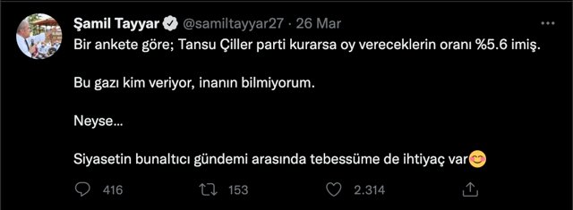 Şamil Tayyar 'Tansu Çiller yüzde 5.6 oy alıyor' diyen anketle dalga geçti! Hilmi Daşdamir Şamil Tayyar'ı 'FETÖ'cü ilan etti - Resim: 0