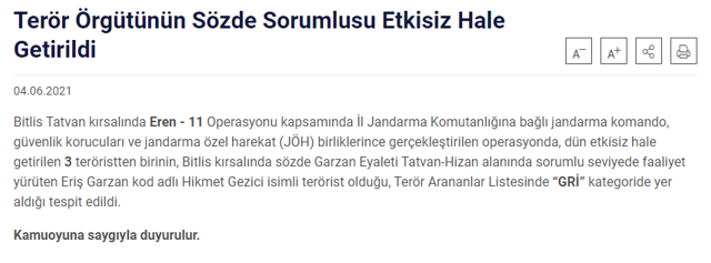 İçişleri Bakanlığı duyurdu! Eriş Garzan kod adlı Hikmet Gezici isimli terörist öldürüldü - Resim: 0