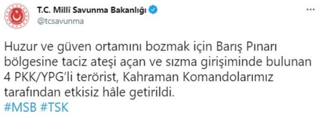 PKK'ya bir darbe daha! MSB duyurdu: 4 PKK'lı terörist etkisiz hale getirildi - Resim: 0
