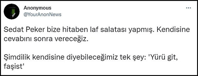 Anonymous'tan Sedat Peker'e sert karşılık: Yürü git faşist - Resim: 0