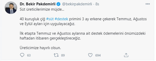 Tarım ve Orman Bakanı Pakdemirli: Çiğ süt destek prim ödemeleri 3 ay erkene alındı - Resim: 0