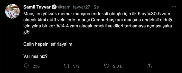 Şamil Tayyar'dan emekli milletvekili maaşlarına düşük zam tepkisi! 'Gelin tüm zamları sıfırlayalım' - Resim: 0