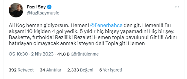 Fazıl Say 4-2'lik Beşiktaş yenilgisi sonrası Ali Koç'u kovdu! Hemen topla bavulunu git! - Resim: 0