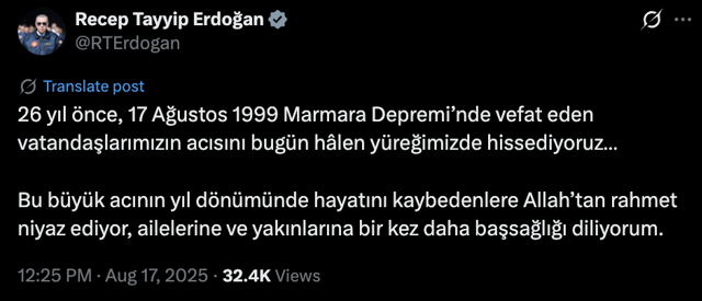 Cumhurbaşkanı Erdoğan'dan Marmara Depremi paylaşımı: Acısını halen yüreğimizde hissediyoruz - Resim: 0