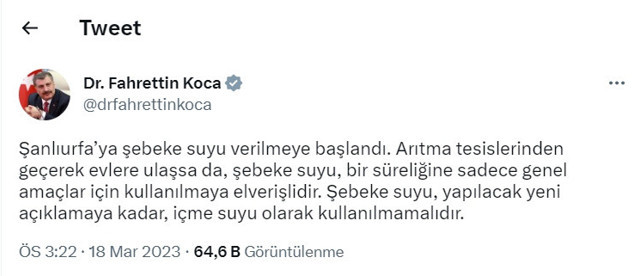 Bakan Koca duyurdu: Şanlıurfa'ya şebeke suyu verilmeye başlandı! 'İçme suyu' uyarısı - Resim: 0