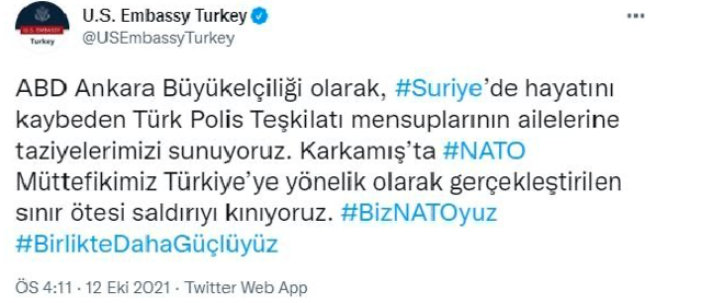 ABD Ankara Büyülelçiliği'nden Türkiye'ye taziye! PKK/YPG'nin ise hiç adı geçmedi! - Resim: 0