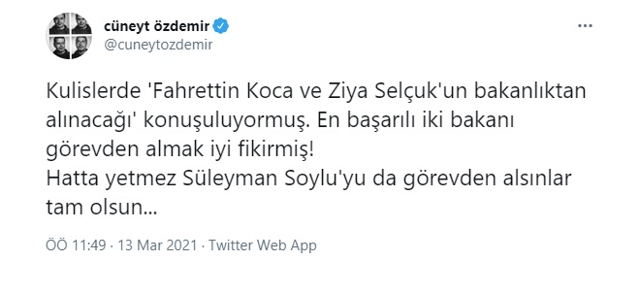 Cüneyt Özdemir’den iddialara tepki: En başarılı iki bakanı görevden almak iyi fikirmiş! - Resim: 0