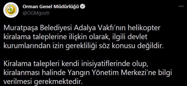 Orman Genel Müdürlüğü'nden Muratpaşa Belediyesi'nin helikopter iddiasına tokat gibi yanıt - Resim: 0