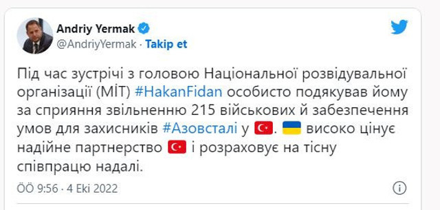 Andriy Yermak: Hakan Fidan'la görüştüm ve bizzat teşekkür ettim - Resim: 0