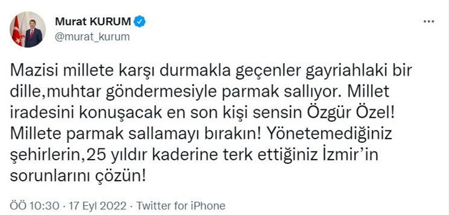 Murat Kurum'dan 'sen İzmir'de muhtar bile olamazsın' diyen Özgür Özel'e yanıt - Resim: 0