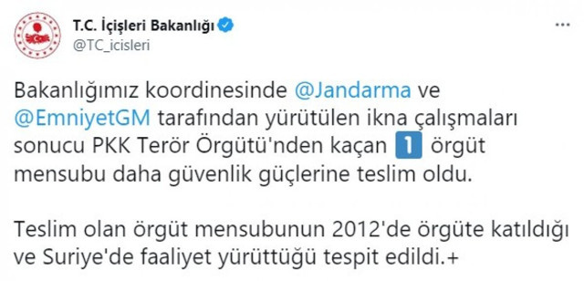 İçişleri Bakanlığı: Terör örgütü PKK'dan kaçan terörist teslim oldu - Resim: 0