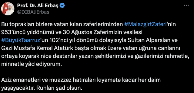 Diyanet İşleri Başkanı Ali Erbaş’tan Malazgirt Zaferi ve Büyük Taarruz mesajı - Resim: 0