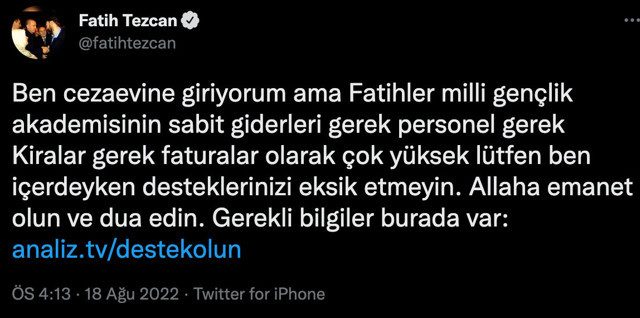 Fatih Tezcan cezaevine giriyor! IBAN verip kira ve faturalar için para istedi - Resim: 0
