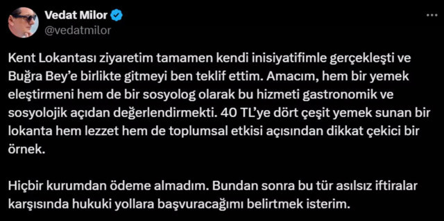 Kent Lokantası'nda yemek yiyen Vedat Milor'dan o iddiaya sert tepki dava açıyor - Resim: 1