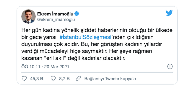 Ekrem İmamoğlu: İstanbul Sözleşmesi’nden çıkıldığının duyurulması çok acıdır - Resim: 0
