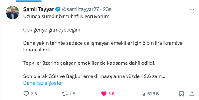 Şamil Tayyar 'Uzunca süredir bir tuhaflık görüyorum' dedi! Emekliye ek zam ve ikramiye eleştirisi... - Resim: 0
