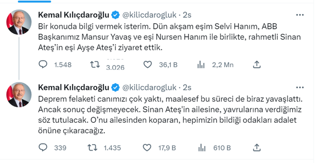 Kemal Kılıçdaroğlu, Mansur Yavaş'ı yanına alıp Sinan Ateş'in eşi Ayşe Ateş'i ziyarete gitti - Resim: 0