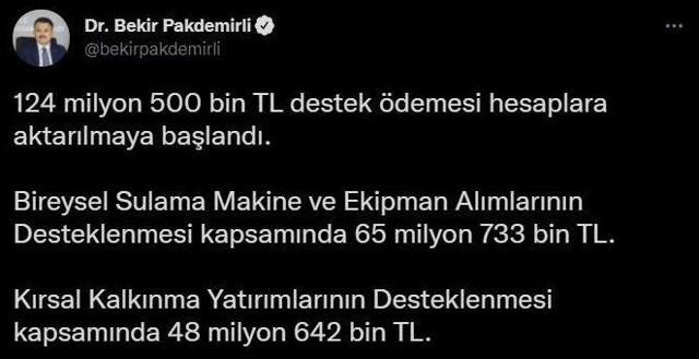 Bakan Bekir Pakdemirli: 124 milyon 500 bin liralık destek ödemesini hesaplara aktarmaya başladık - Resim: 0